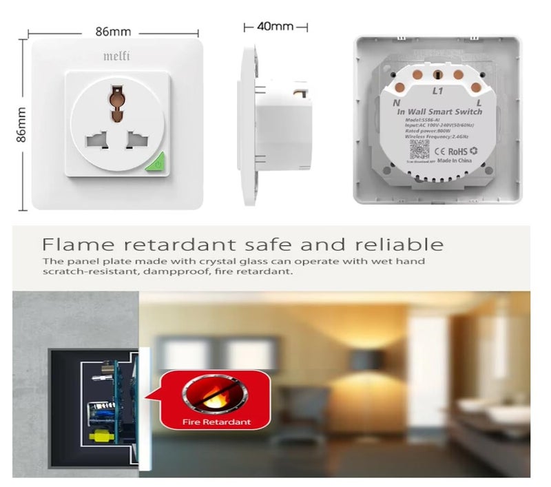 melfi Smart Home Wifi Wall Switch Socket 16A – Universal Plug, Tuya SmartLife App Control, Alexa & Google Home Compatible, Take Full Control With Scheduling, Timing & App-based Monitoring (Black) - Image 3