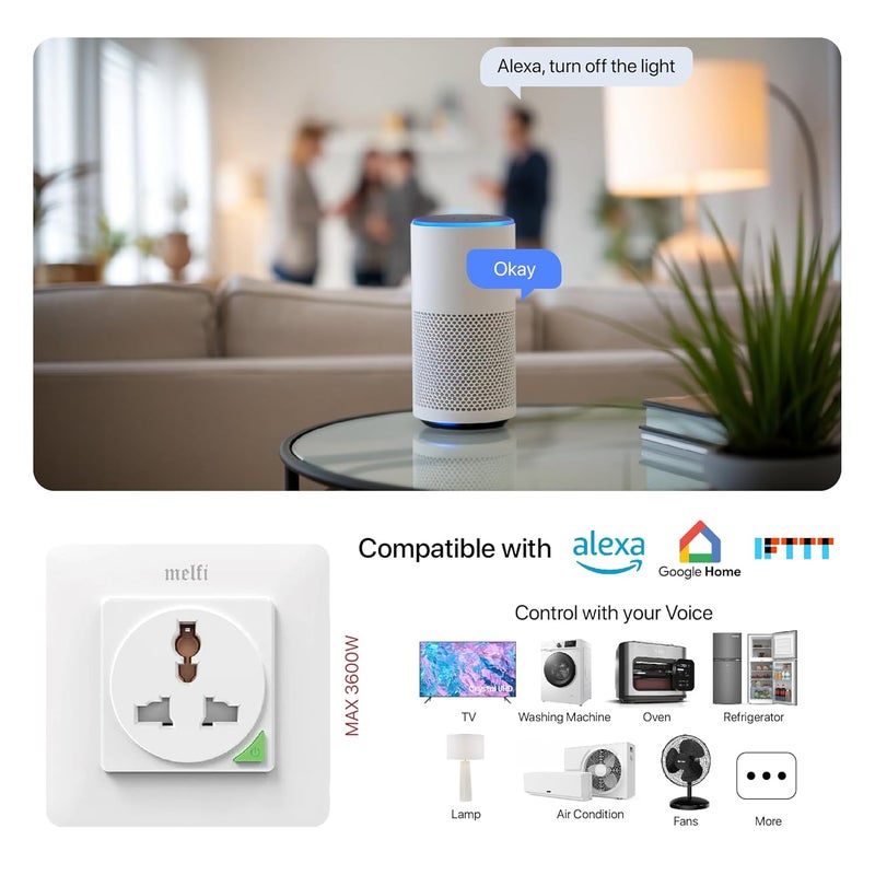 melfi Smart Home Wifi Wall Switch Socket 16A – Universal Plug, Tuya SmartLife App Control, Alexa & Google Home Compatible, Take Full Control With Scheduling, Timing & App-based Monitoring (Black) - Image 4