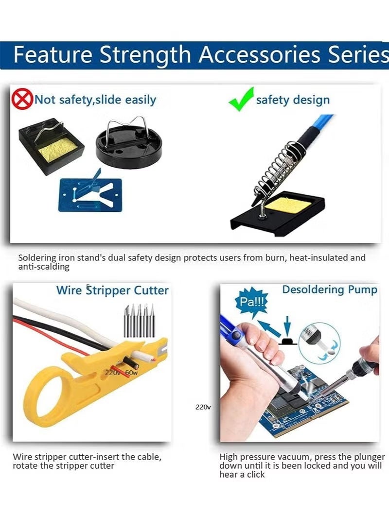 طقم مكواة لحام بقدرة 60 وات، أداة لحام لدرجة الحرارة قابلة للتعديل، مقياس رقمي متعدد، قطعتان من أطراف مكواة اللحام، مضخة إزالة اللحام، قاطعة الأسلاك، ملاقط، حامل حديد، قطعتان من الأسلاك - Image 3