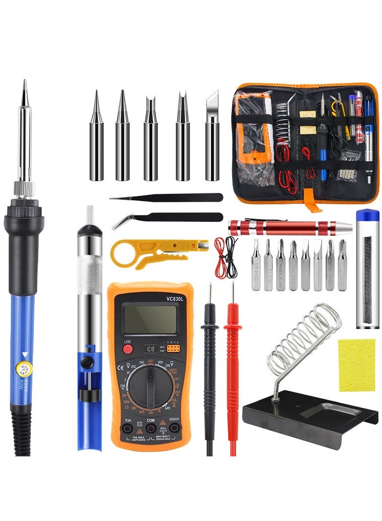 طقم مكواة لحام بقدرة 60 وات، أداة لحام لدرجة الحرارة قابلة للتعديل، مقياس رقمي متعدد، قطعتان من أطراف مكواة اللحام، مضخة إزالة اللحام، قاطعة الأسلاك، ملاقط، حامل حديد، قطعتان من الأسلاك - Image 1