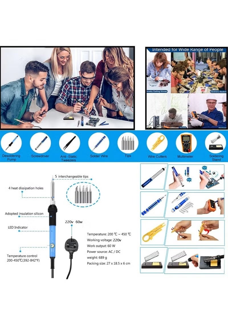 طقم مكواة لحام بقدرة 60 وات، أداة لحام لدرجة الحرارة قابلة للتعديل، مقياس رقمي متعدد، قطعتان من أطراف مكواة اللحام، مضخة إزالة اللحام، قاطعة الأسلاك، ملاقط، حامل حديد، قطعتان من الأسلاك - Image 4