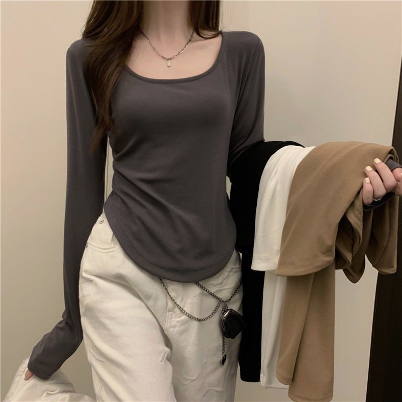 Long-Sleeved T-Shirt Women's Autumn and Winter New Trbottomy Ins Asymmetrical Slim Student Casual Short Top Girl's Bottoming Shirt - Image 2