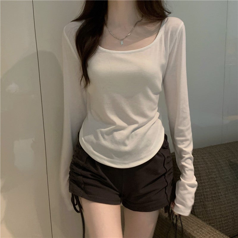 Long-Sleeved T-Shirt Women's Autumn and Winter New Trbottomy Ins Asymmetrical Slim Student Casual Short Top Girl's Bottoming Shirt - Image 5