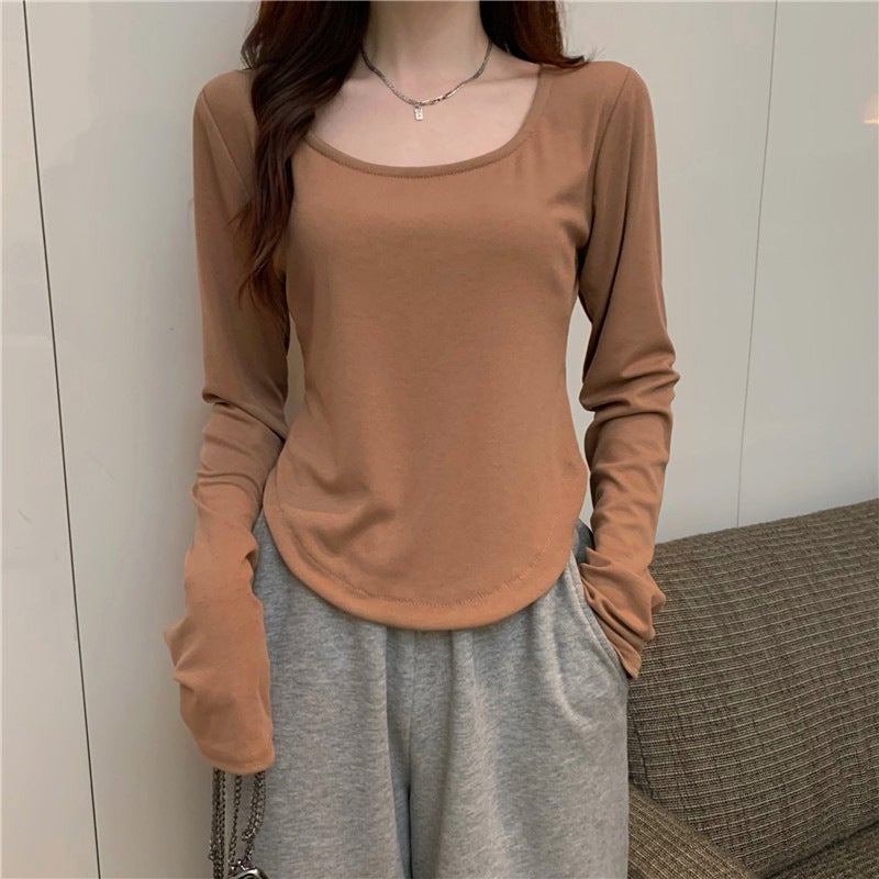 Long-Sleeved T-Shirt Women's Autumn and Winter New Trbottomy Ins Asymmetrical Slim Student Casual Short Top Girl's Bottoming Shirt - Image 1