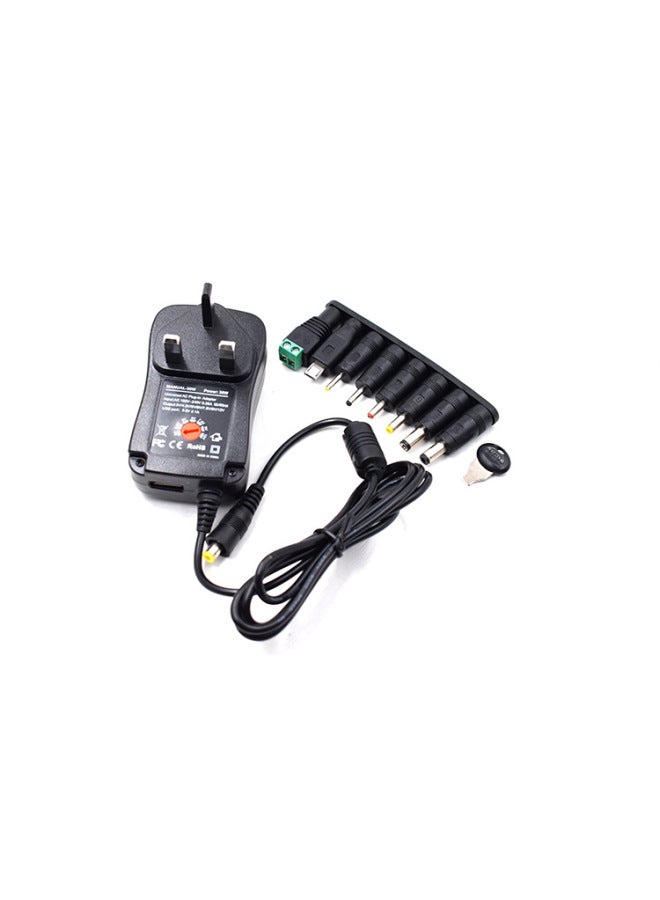 30W Multi-function Adapter AC DC Adjustable 3-12v British Gauge (8 Heads) Power Charger USB Charge-Color:Black-Specifications:30W