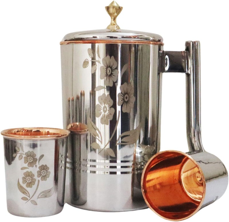 HealthGoodsIn إبريق ماء من الفولاذ المقاوم للصدأ والنحاس النقي مع 2 أكواب متطابقة لفوائد الأيورفيدا الصحية 5748 أونصة سائلة مع نقوش ومقبض نحاسي - Image 1