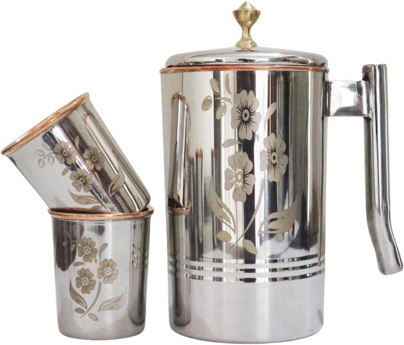 HealthGoodsIn إبريق ماء من الفولاذ المقاوم للصدأ والنحاس النقي مع 2 أكواب متطابقة لفوائد الأيورفيدا الصحية 5748 أونصة سائلة مع نقوش ومقبض نحاسي - Image 2