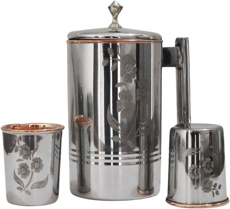 HealthGoodsIn إبريق ماء من الفولاذ المقاوم للصدأ والنحاس النقي مع 2 أكواب متطابقة لفوائد الأيورفيدا الصحية 5748 أونصة سائلة مع نقوش ومقبض نحاسي - Image 3