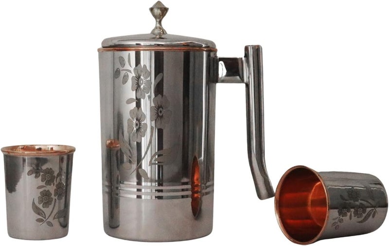 HealthGoodsIn إبريق ماء من الفولاذ المقاوم للصدأ والنحاس النقي مع 2 أكواب متطابقة لفوائد الأيورفيدا الصحية 5748 أونصة سائلة مع نقوش ومقبض نحاسي - Image 5