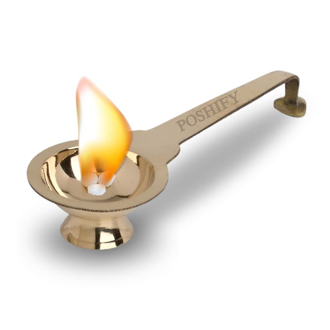 Brass Handle Aarti Traditional Indian Puja Aarti Holder with Camphor Holder and Decorative Engravings