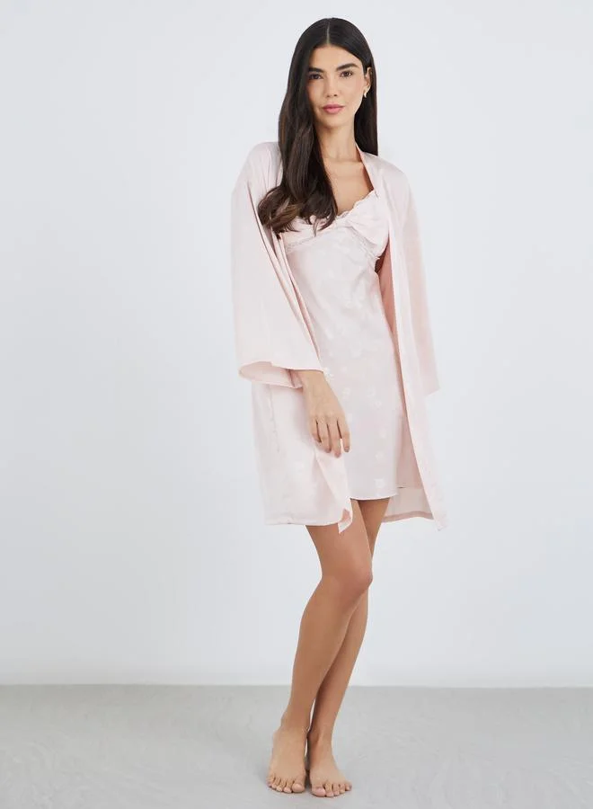 Styli Styli Pack of 2 - Satin Jacquard Bow Front Slip Dress and Robe