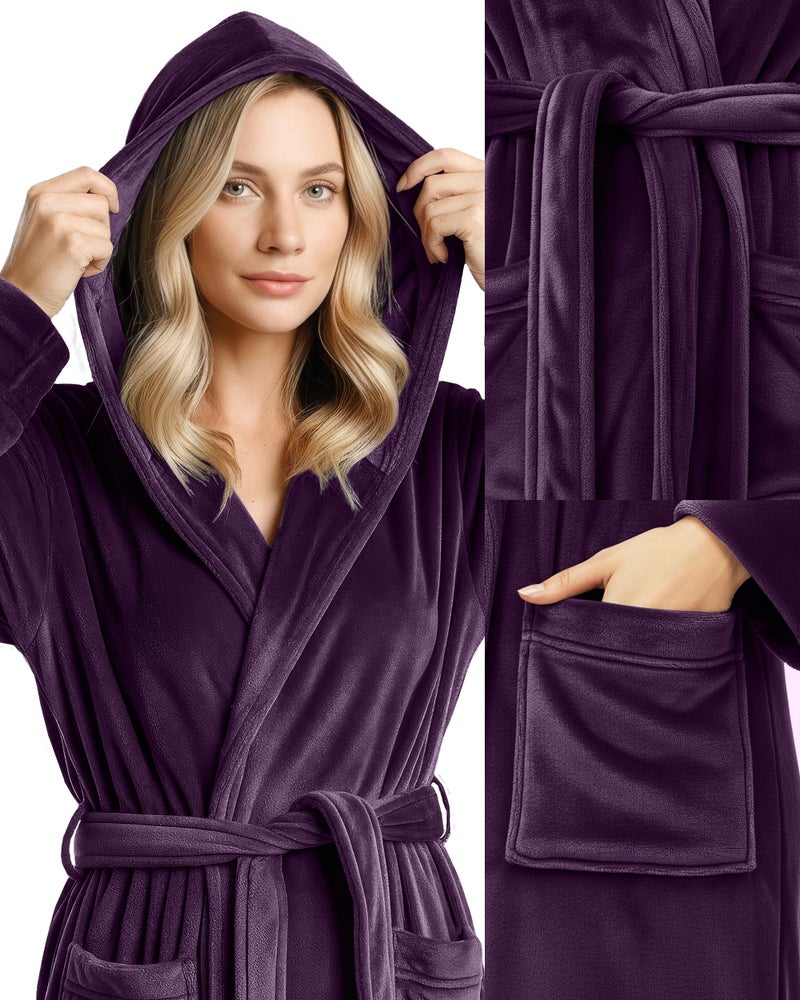 NY Threads Premium Womens Robe with Hood, Plush Fleece Long Bath Robe for Women, Fluffy Soft Women's Bathrobe, Small, Plum - Image 2