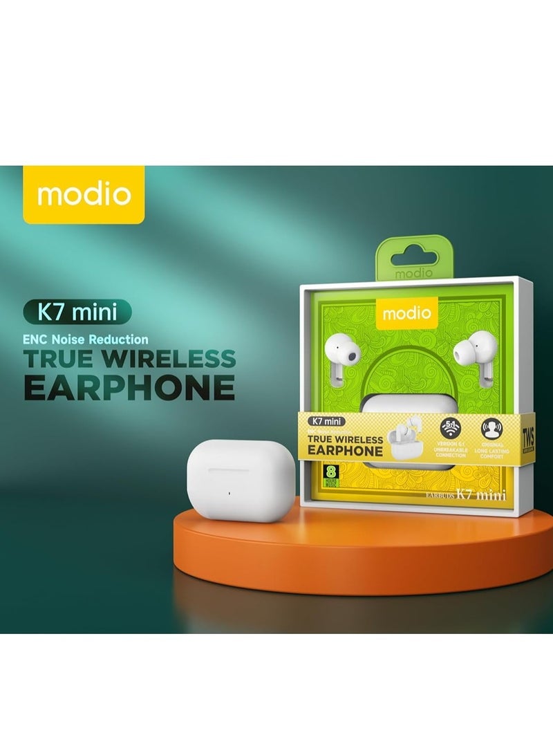 modio Wireless Earphone K7 Mini – Compact, Comfortable, Long-Lasting, and Compatible with Android/iOS (White) - Image 2