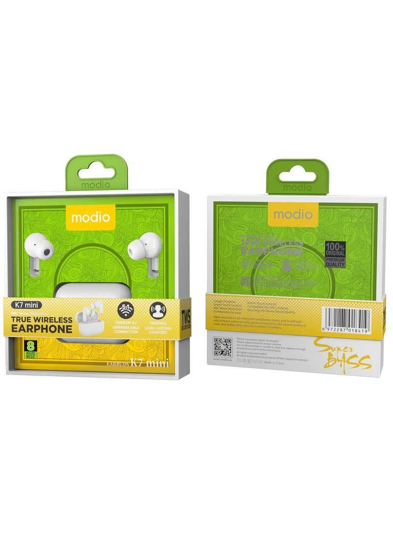 modio Wireless Earphone K7 Mini – Compact, Comfortable, Long-Lasting, and Compatible with Android/iOS (White) - Image 4