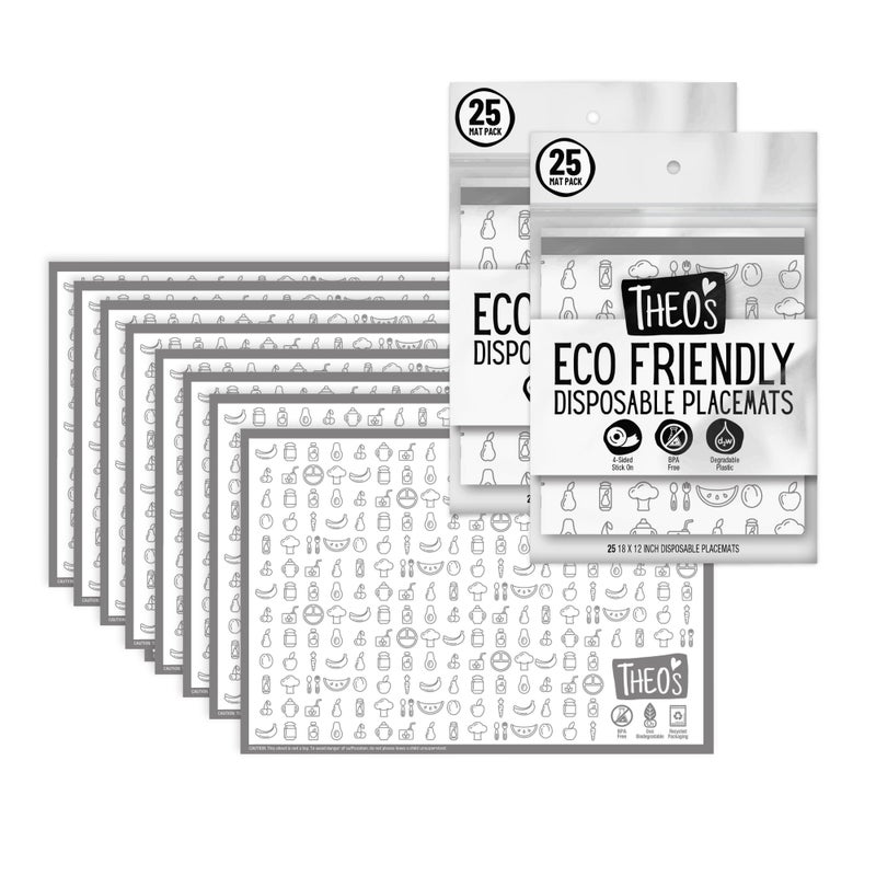 THEO'S 50 Pack Stick on Disposable Table Mats for Kids & Baby Led Weaning | Large 12" x 18" Restaurant Placemats in Re-usable Travel Pouch - Image 1