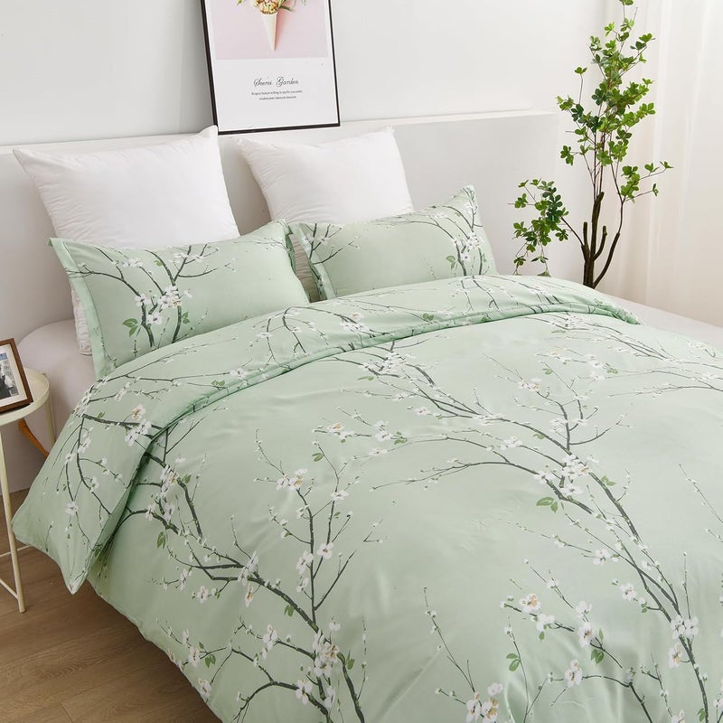 WONGS BEDDING مجموعة أغطية لحاف خضراء بنمط زهور وتوت، مصنوعة من القطن الدقيق الناعم، 2 وسادة، إغلاق بسحاب، مقاس كينج (220x230 سم) - Image 4