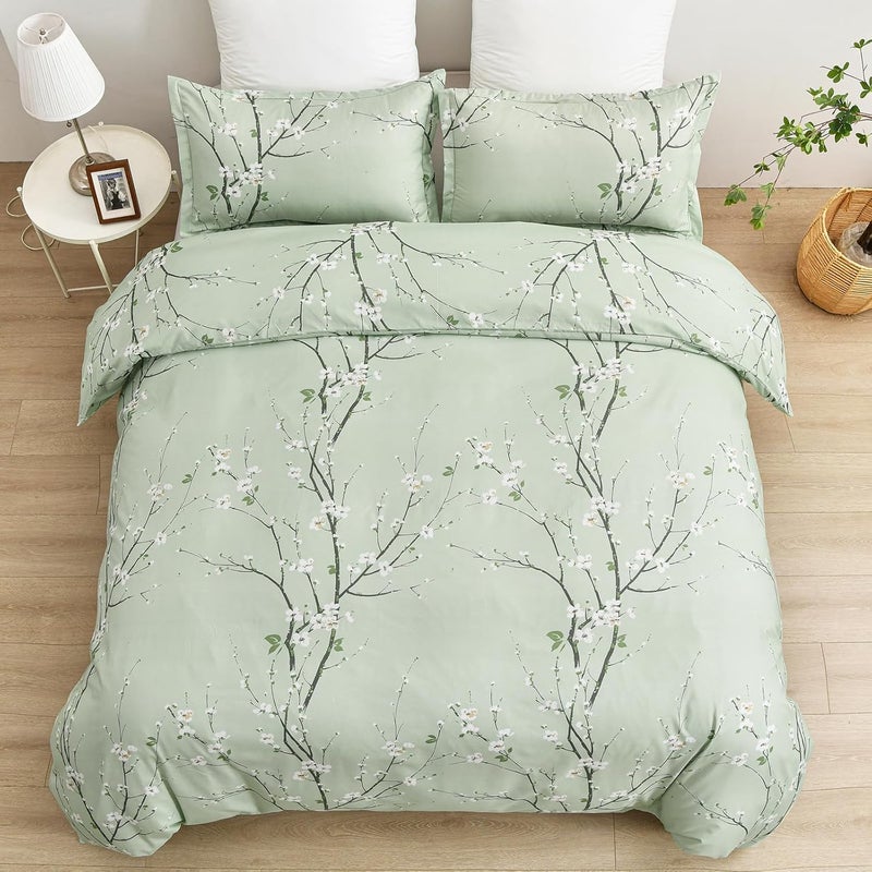 WONGS BEDDING مجموعة أغطية لحاف خضراء بنمط زهور وتوت، مصنوعة من القطن الدقيق الناعم، 2 وسادة، إغلاق بسحاب، مقاس كينج (220x230 سم) - Image 3