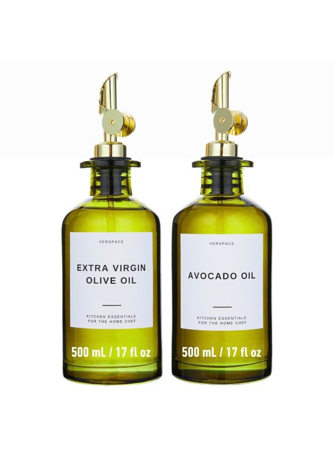 Verspace Green Glass Olive Oil Dispenser Bottle For Kitchen By Verpsace,Avocado Oil Dispenser Set, Modern Decor, Gold Kitchen Accessories for Home, Airbnb, Cafe (Gold, Set of 2) - Image 1