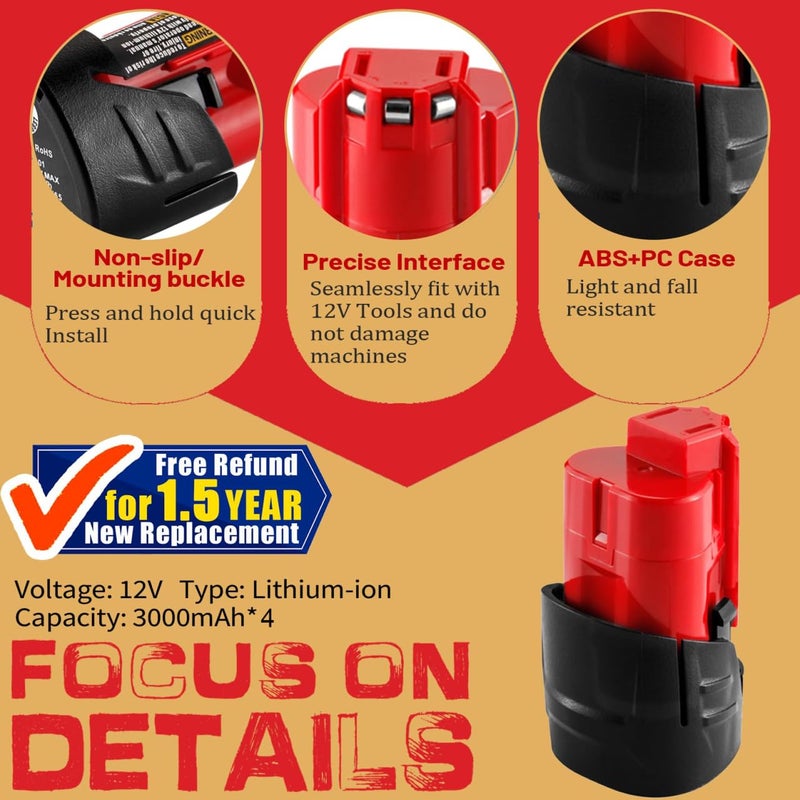 TenHutt 4Packs 12V 3.0Ah Li-Ion Battery Replacement For Milwaukee M12 Battery 48-11-2401 48-11-2412 48-11-2440 48-11-2425 48-11-2450  Compatible With Milwaukee 12-Volt Cordless Power Tools/Heated Jacket - Image 3