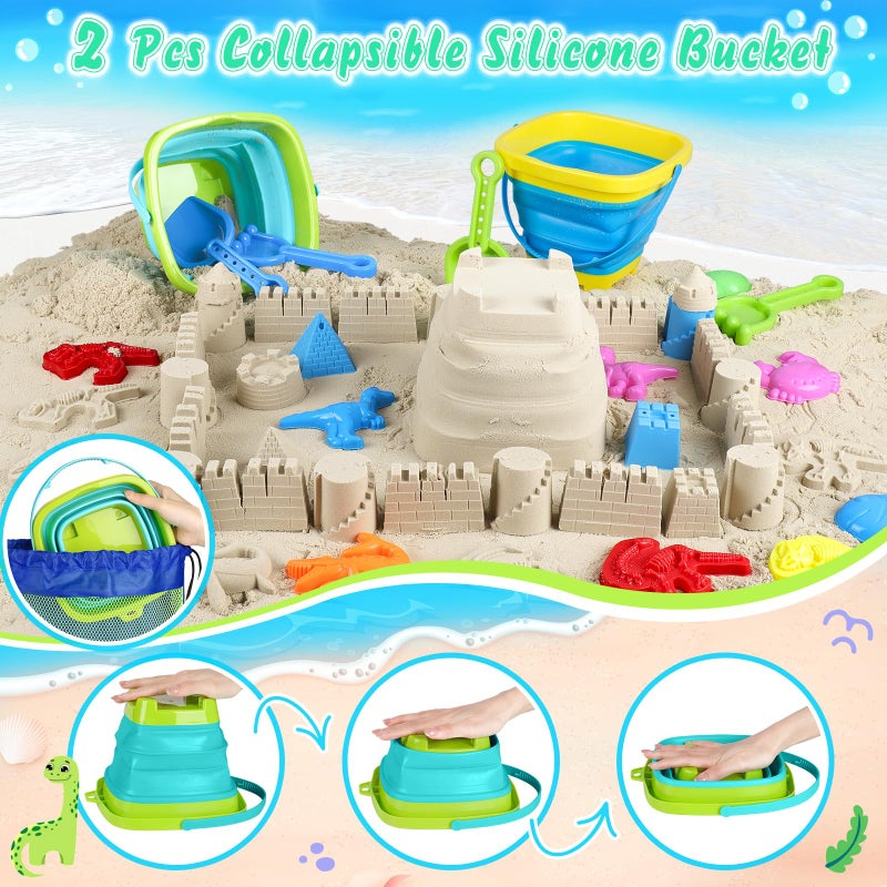 FUSPWEAO Beach Toys  36Pcs Dinosaur Sand Toys For Kids Toddlers  Sandbox Toys With 2 Truck  Collapsible Beach Bucket  Mesh Bag  Sand Molds  Sand Castle Building Kit  Travel Beach Toy For Kids Toddlers Ages3-12 - Image 2