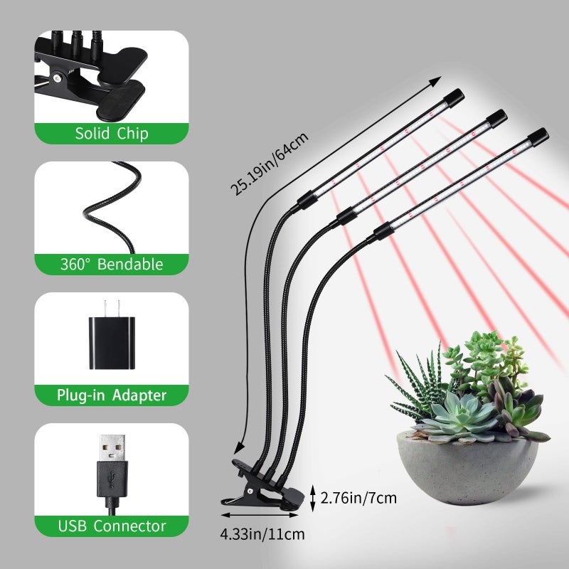 RWNTAO 3 Head Grow Lights for Indoor Plants, Upgrade 126 LEDs Clip Plant Lights, Full Spectrum Red White LED Plant Growing Lamps with Flexible Gooseneck, 3/9/12H Timer, 3 Spectral Modes, 10 Dimmable Levels - Image 5