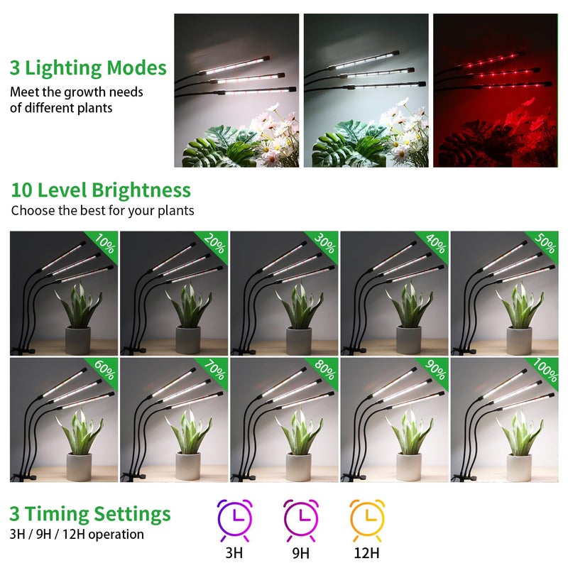 RWNTAO 3 Head Grow Lights for Indoor Plants, Upgrade 126 LEDs Clip Plant Lights, Full Spectrum Red White LED Plant Growing Lamps with Flexible Gooseneck, 3/9/12H Timer, 3 Spectral Modes, 10 Dimmable Levels - Image 4