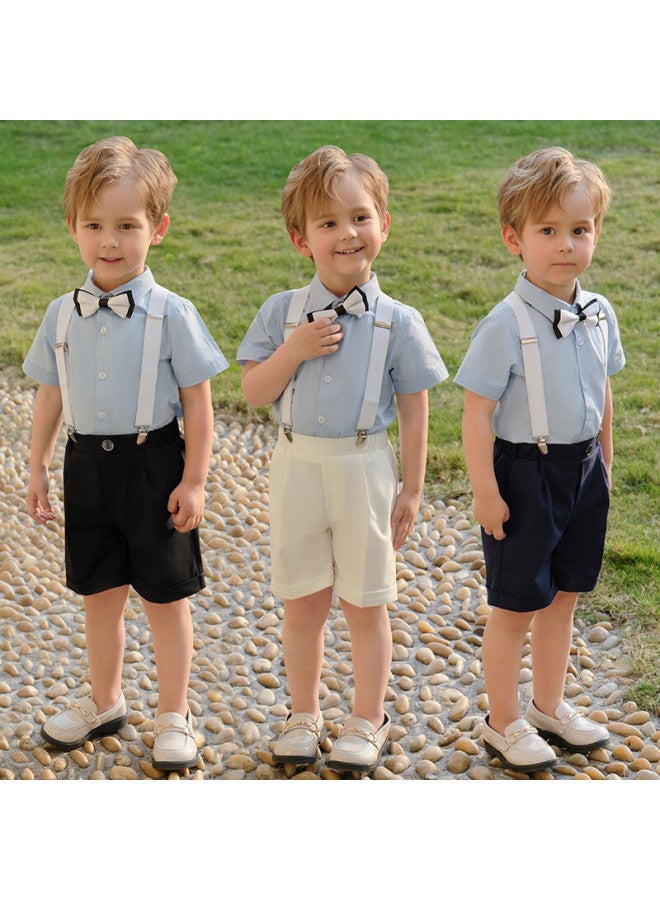Luobobeibei Children's Summer Short-sleeve Shirt And Suspender Shorts Set, Boys' Children's Day Formal Wear, White Four-piece Set, Size 130 - Image 4