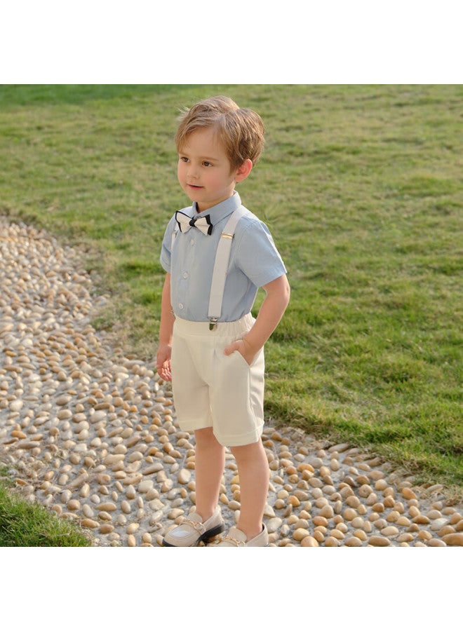 Luobobeibei Children's Summer Short-sleeve Shirt And Suspender Shorts Set, Boys' Children's Day Formal Wear, White Four-piece Set, Size 130 - Image 1