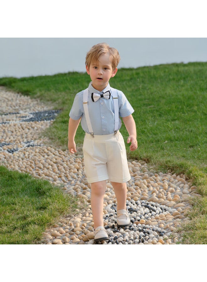 Luobobeibei Children's Summer Short-sleeve Shirt And Suspender Shorts Set, Boys' Children's Day Formal Wear, White Four-piece Set, Size 130 - Image 5