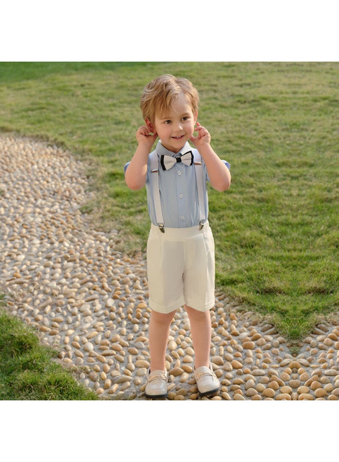 Luobobeibei Children's Summer Short-sleeve Shirt And Suspender Shorts Set, Boys' Children's Day Formal Wear, White Four-piece Set, Size 130 - Image 3
