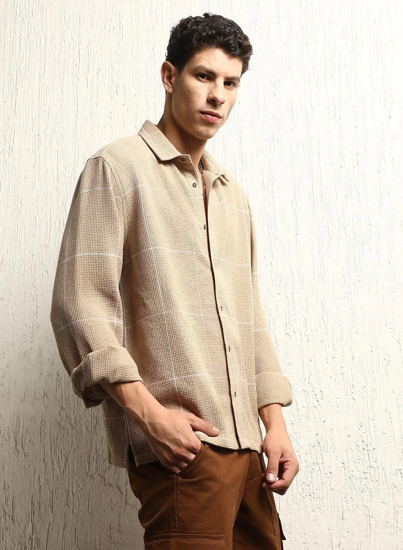 Hubberholme Beige Check Shirt for Men, Oversized and Casual