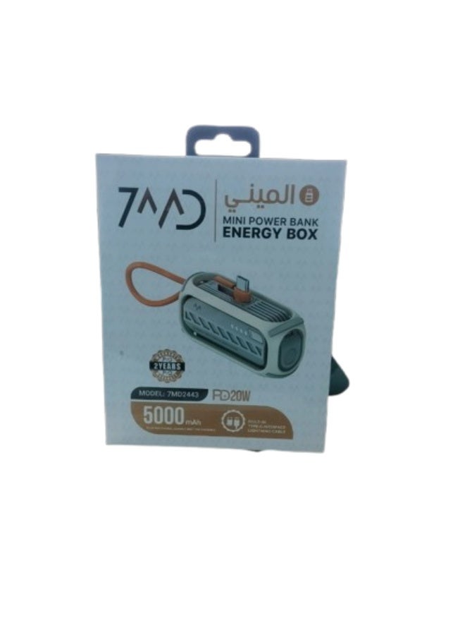 7MD Mini Portable Power Bank, 5000mAh Power Bank with Built-In Type-C & Lightning Cable, PD20 W Fast Charging Backup Battery, Indicator Light Display, Compact Lightweight Travel Power Bank for Daily Use - Image 3