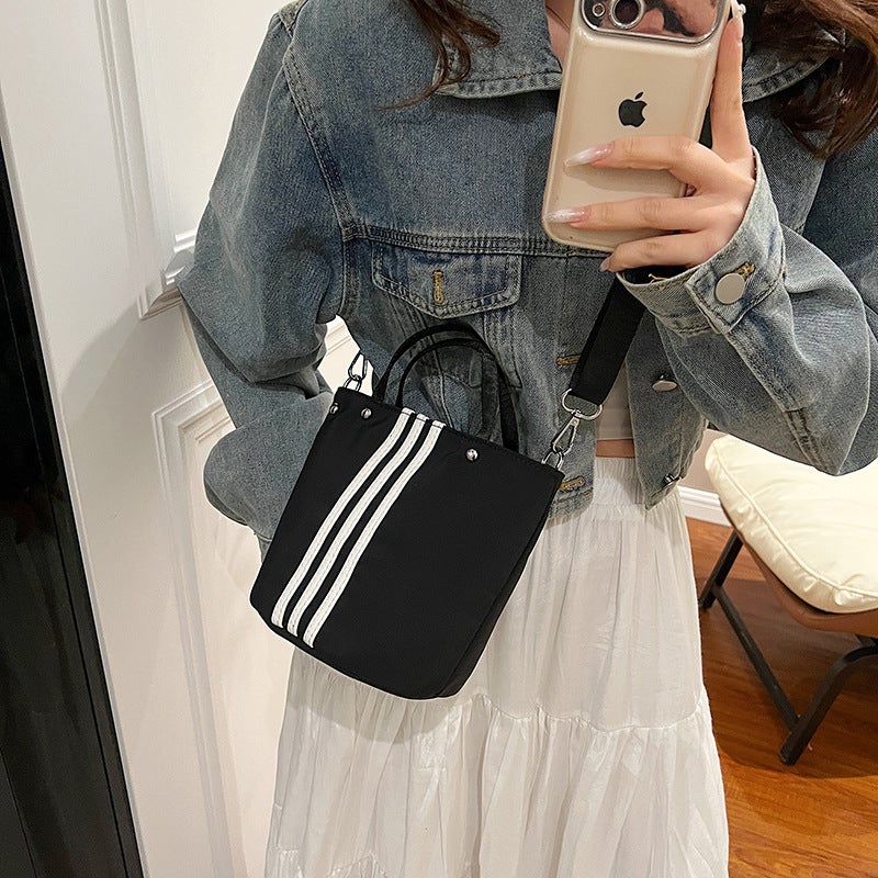 Spring And Canvas Portable Bucket Bag Simple Textured All-Match Commuter Bag Striped Design Casual Crossbody Bag - Image 4