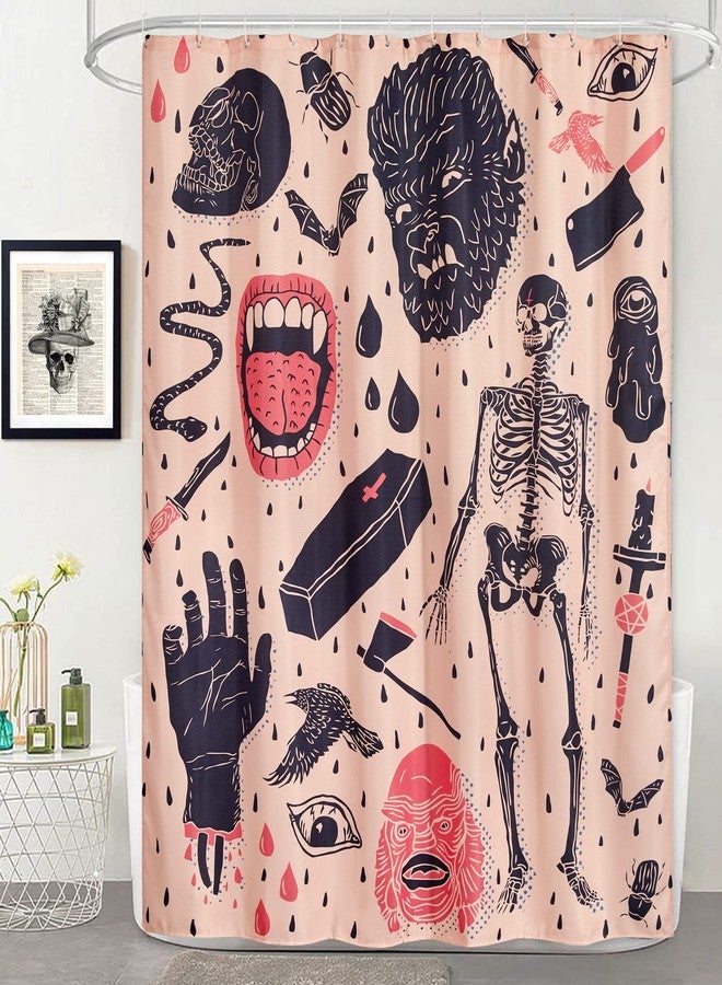 Estmy Vintage Halloween Shower Curtain Set Blush, Heavy Duty Waffle Fabric, Creepy Gothic Skeleton Skulls Bats Fun Cute Halloween Themed Shower Curtains with Hooks Scary Spooky Horror Bathroom Decor - Image 1