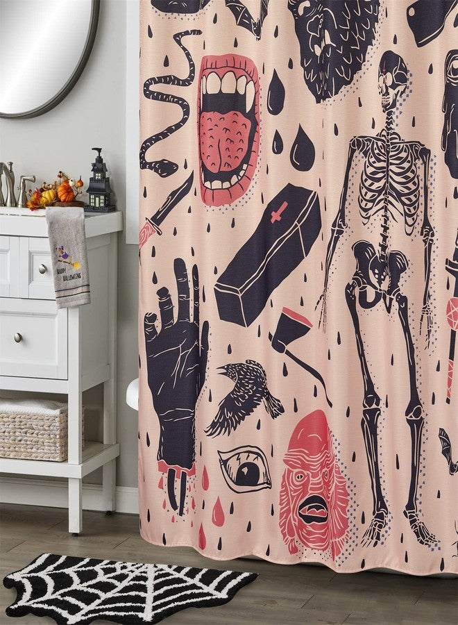 Estmy Vintage Halloween Shower Curtain Set Blush, Heavy Duty Waffle Fabric, Creepy Gothic Skeleton Skulls Bats Fun Cute Halloween Themed Shower Curtains with Hooks Scary Spooky Horror Bathroom Decor - Image 2