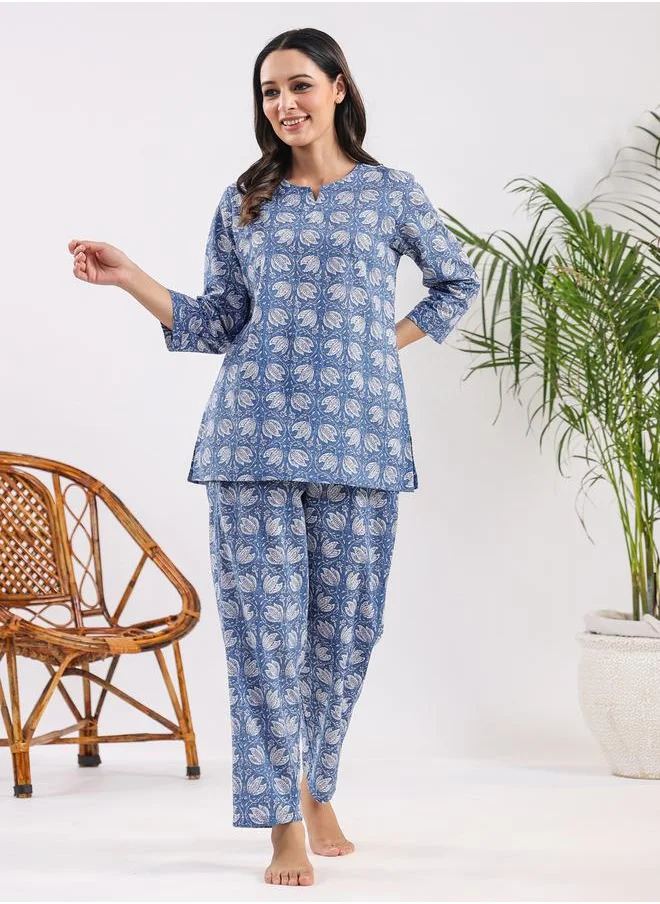 sanskrutihomes Sanskrutihomes Women All-Over Printed Pure Cotton Top and Pyjama Set