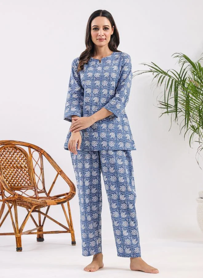 sanskrutihomes Sanskrutihomes Women All-Over Printed Pure Cotton Top and Pyjama Set