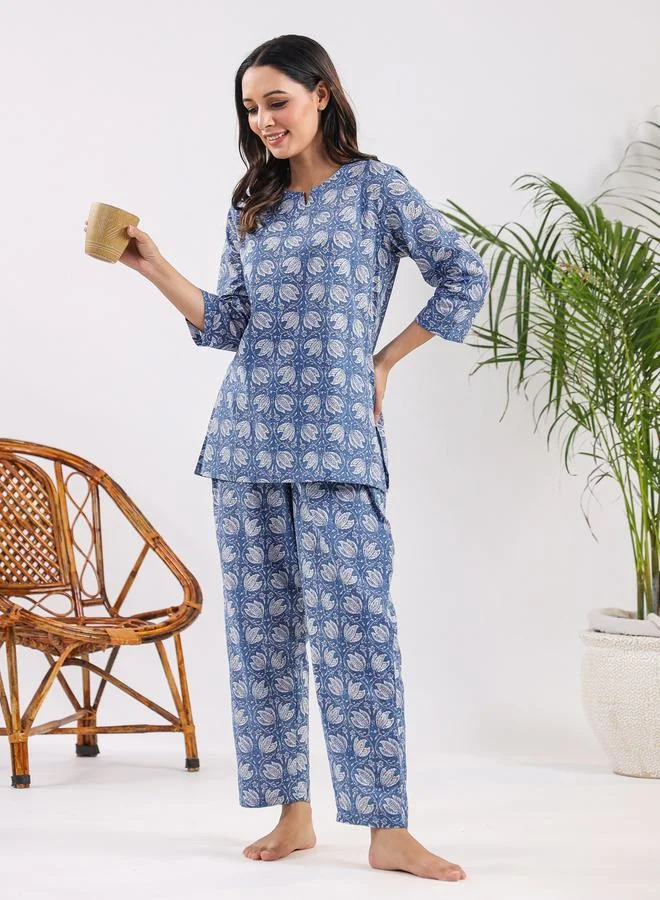 sanskrutihomes Sanskrutihomes Women All-Over Printed Pure Cotton Top and Pyjama Set