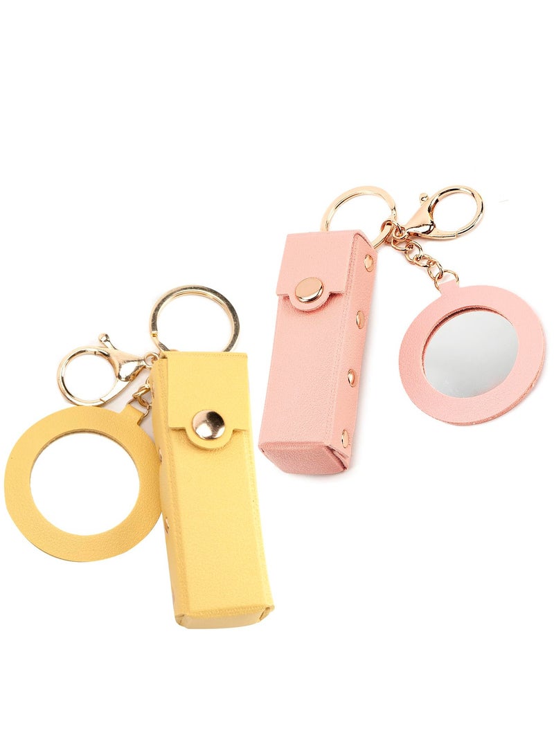 SYOSI Lipstick Organizer Keychain, Leather Lipstick Case with Mirror for Women, Portable Lip Gloss Bag Lip Balm Holder for Travel Lipstick Lip Gloss Cosmetics (Pink & Yellow) (2 Pack) - Image 2