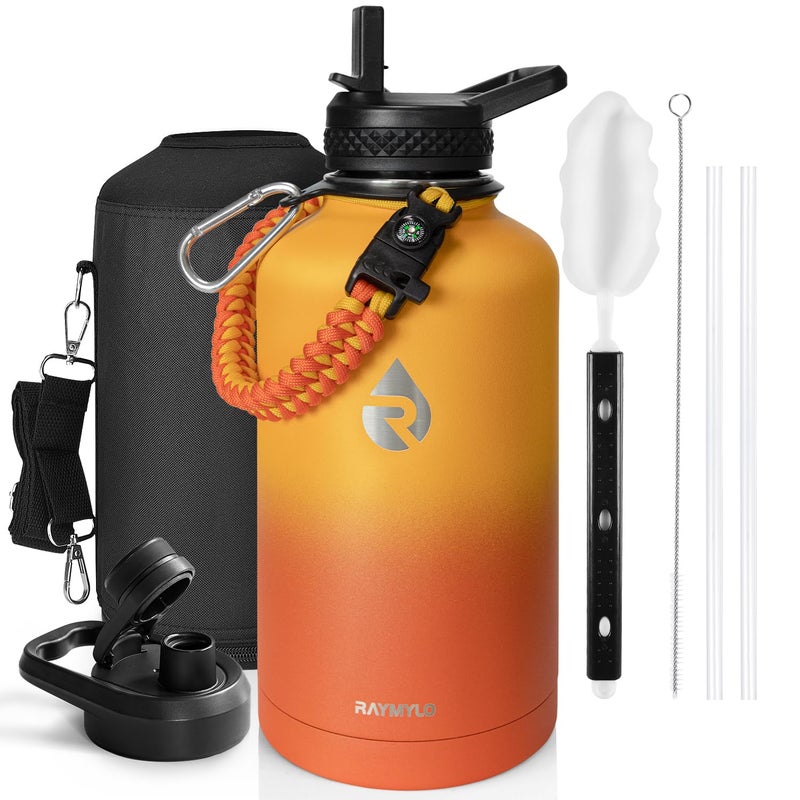 RAYMYLO Insulated Water Bottle 64 oz  Triple Wall Vacuum Stainless Steel (Cold for 48 Hrs)  Leak Proof & BPA-Free  Half Gallon Water Flask Jug with Paracord Handle & Straw Spout Lids  Ombre Orange