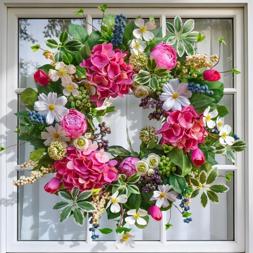 Soomeir Spring Wreaths for Front Door Outside Summer Wreath 24 Inch with Luxury Peony Hydrangea Floral Wreaths with Greenery Colorful Seasonal Spring Door Wreath for Outdoor Home Decor - Image 3