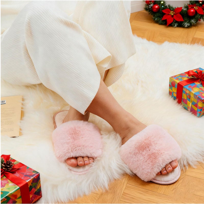 LongBay Women's Open Toe Slippers Fuzzy Fluffy Memory Foam Comfy Slip On Indoor Bedroom Home Slide (X-Large /11-12, Pink) - Image 2