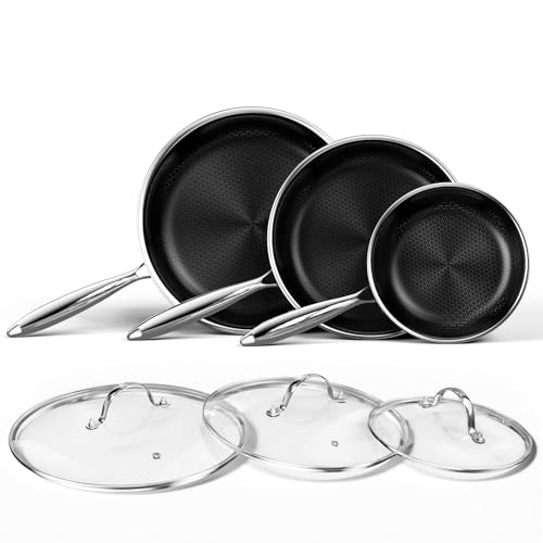 Innerwell Nonstick Titanium Ceramics Stainless Steel Frying Pan Set 6 Pieces Nonstick Honeycomb Stainless Steel Frying Pan Set Non Stick Egg Omelet Cooking Pan Set Induction Compatible PFAS Free