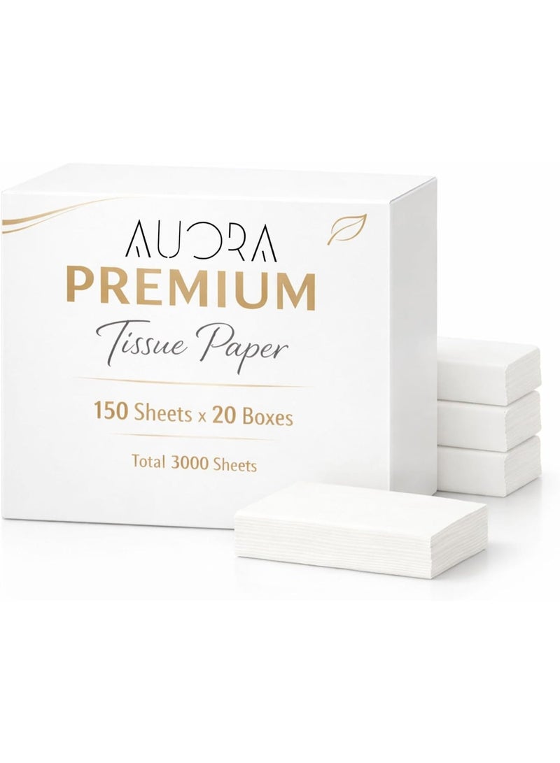AOURA Premium Interfold Tissue Paper | Soft & Highly Absorbent Interfold Hand Towels, 150 Sheets x 20 Boxes (3000 Sheets Total), Disposable, Hygienic Paper Towels for Home, Office & Hotel Use - Image 1