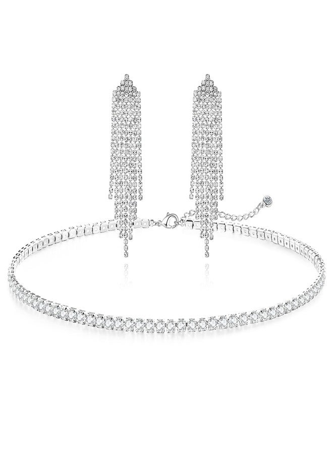 Zeffy Tennis Necklace Jewelry Sets for Women, Rhinestone Earrings Dangling for Women, rhinestone choker necklaces with White AAA Cubic Zirconia, Bridal Jewelry Set for Wedding - Image 1