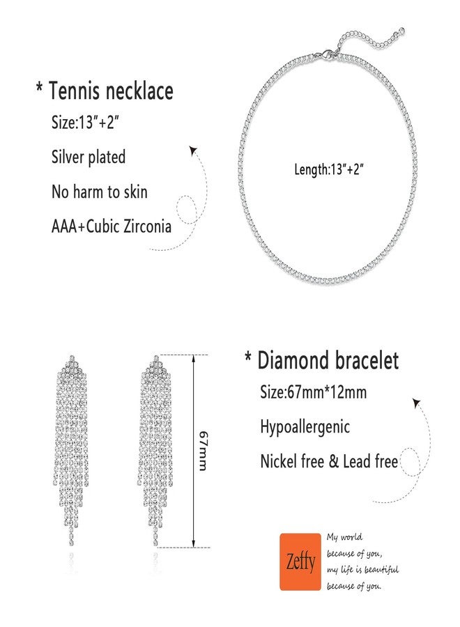 Zeffy Tennis Necklace Jewelry Sets for Women, Rhinestone Earrings Dangling for Women, rhinestone choker necklaces with White AAA Cubic Zirconia, Bridal Jewelry Set for Wedding - Image 5