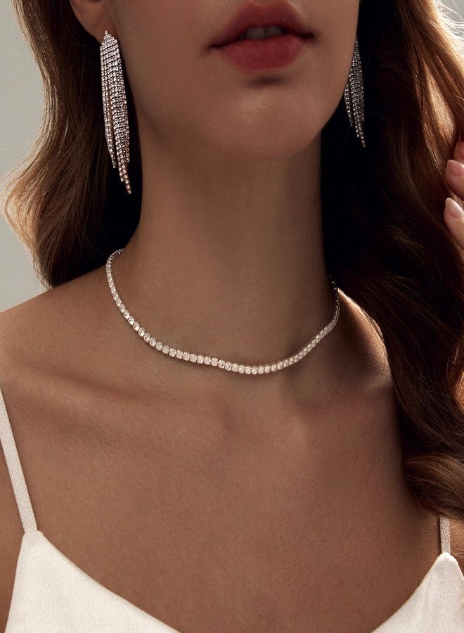 Zeffy Tennis Necklace Jewelry Sets for Women, Rhinestone Earrings Dangling for Women, rhinestone choker necklaces with White AAA Cubic Zirconia, Bridal Jewelry Set for Wedding - Image 2