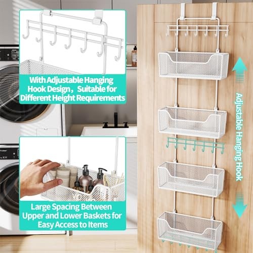 HapiRm Over Door Organizer Storage - Hanging Door Organizer with 4 Metal Large Capacity Baskets and Adjustable Coat Hook for Bathroom Bedroom Kitchen Pantry Closet Cabinet - Image 3