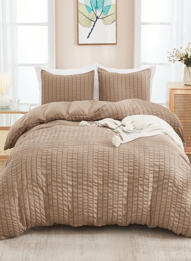 AveLom Seersucker Duvet Cover Set Queen Size (90 x 90 inches), 3 Pieces (1 Duvet Cover, 2 Pillow Cases), Taupe Ultra Soft Washed Microfiber, Textured Duvet Cover with Zipper Closure, Corner Ties - Image 1