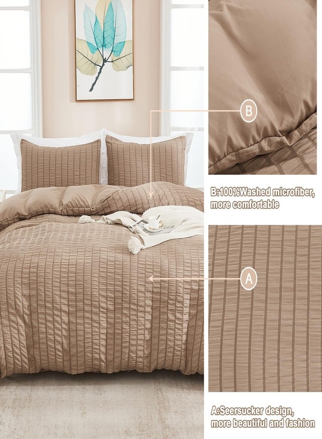 AveLom Seersucker Duvet Cover Set Queen Size (90 x 90 inches), 3 Pieces (1 Duvet Cover, 2 Pillow Cases), Taupe Ultra Soft Washed Microfiber, Textured Duvet Cover with Zipper Closure, Corner Ties - Image 5